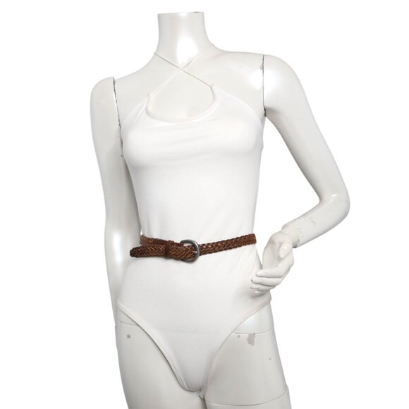 Vintage Fossil Brown Braided Leather Belt Silver Round Buckle Dark Academia LG - Picture 3 of 11